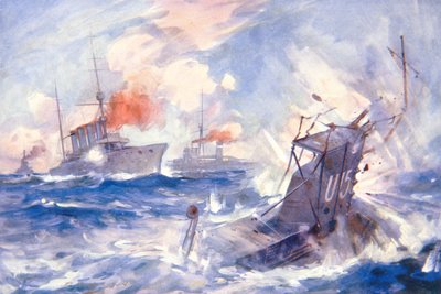 HMSバーミンガムによるドイツ潜水艦U15の撃沈（カラーリトグラフ 作： E. S. (after) Hodgson