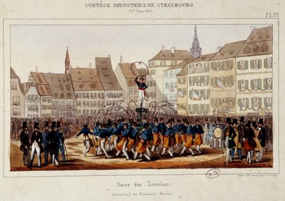 1840年6月25日、ストラスブールで行われた産業行列の際のLa danse des tonneliersの様子。シモンのリトグラフ 作： E. Simon