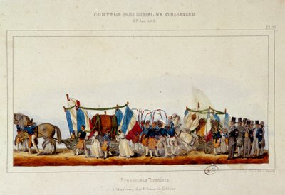 1840年6月25日、ストラスブールで行われた産業行列の際の醸造家と調理師の踊り。シモンのリトグラフ 作： E. Simon