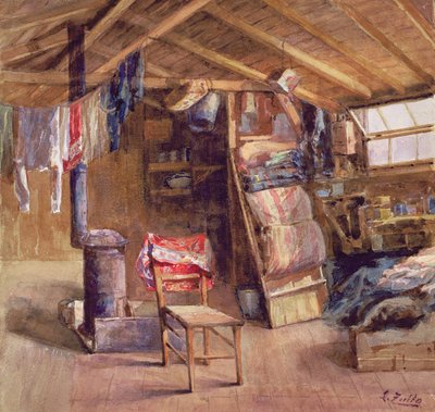 屋根裏のインテリア、1860年頃（紙に水彩） 作： E. Zoello