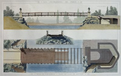 ジャンジョセフスルピス（1826-1911）によって彫刻された、ヴァンセンヌの森とルイリー島の橋、「プロムナードドパリ」のイラスト 作： E. and Dardoize, Louis Emile Hochereau