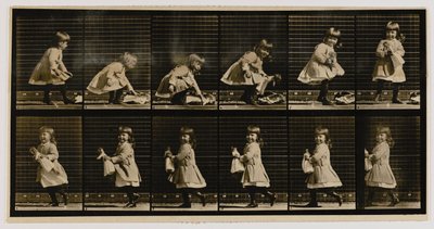 子供が人形を持ち上げ、向きを変えて歩き出す（『動物の運動』より 作： エドワード・マイブリッジ