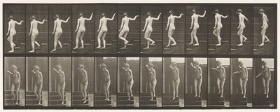 プレート132。階段を下り、周りを見回して手を振る 作： Eadweard Muybridge