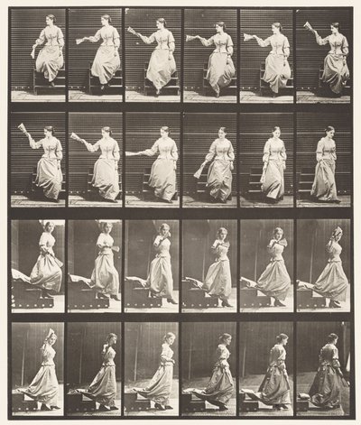 プレート140階段を降りて周りを見渡しながら手を振るファン 作： Eadweard Muybridge
