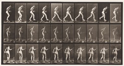 プレート176。釣り竿とバスケットでステップストーンの小川を渡る 作： Eadweard Muybridge