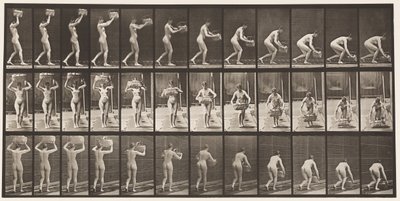 プレート201。頭から12ポンドのバスケットを取り出し、地面に置く、1872〜1885 作： Eadweard Muybridge