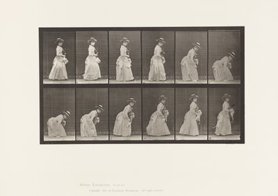 プレート211.屈むと持ち上げるハンカチ、左手にパラソル、1885 作： Eadweard Muybridge