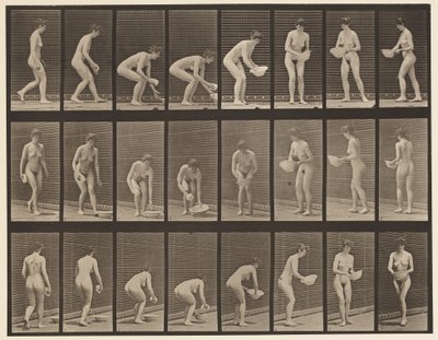 プレート223.洗面器を持ち上げて持ち上げ、拭き取り、回転、1872-1885 作： Eadweard Muybridge