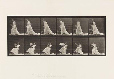 プレート242.椅子を置く、ファンを座っていちゃつく、1885 作： Eadweard Muybridge