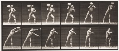 プレート311。75ポンドの岩を持ち上げて、1885年 作： Eadweard Muybridge