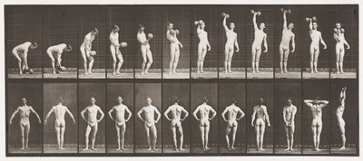 プレート321。A、50ポンドのダンベルを持ち上げる。 B、ポーズ 作： Eadweard Muybridge