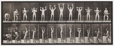 プレート322。2つの50ポンドのダンベルを持ち上げて降ろす 作： Eadweard Muybridge
