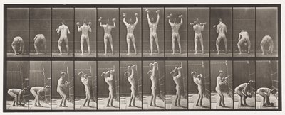 プレート323。2つの50ポンドのダンベルを持ち上げて降ろす 作： Eadweard Muybridge