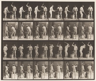 プレート377.鍛冶屋、2つのモデル、アドビルに槌で打つ、1872〜1885 作： Eadweard Muybridge