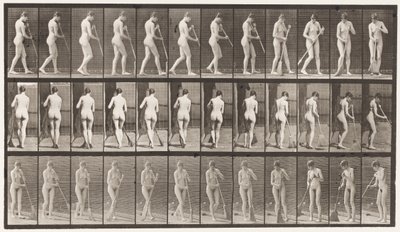 プレート58.歩いて、向きを変えて床を掃除する 作： Eadweard Muybridge