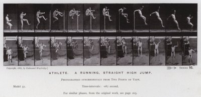 動いている人間の姿。走るアスリート、ストレートハイジャンプ（モノクロ写真 作： Eadweard Muybridge