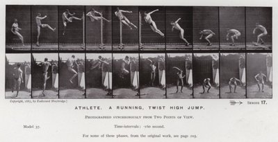 動いている人間の姿。走るアスリート、ひねるハイジャンプ（モノクロ写真 作： Eadweard Muybridge