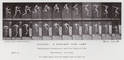 動いている人間の姿。アスリート、ストレートハイジャンプ（モノクロ写真 作： Eadweard Muybridge