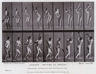 動く人間の姿。アスリート、クリケットのバッティング（モノクロ写真 作： Eadweard Muybridge