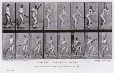 動く人間の姿。アスリート、クリケットのバッティング（モノクロ写真 作： Eadweard Muybridge