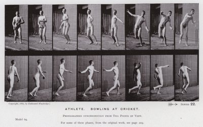 動きのある人間像。アスリート、クリケットでのボウリング（モノクロ写真 作： Eadweard Muybridge