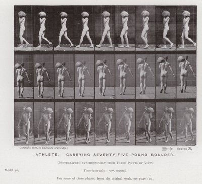 動きのある人間像。75ポンドのボルダーを運ぶアスリート（モノクロ写真 作： Eadweard Muybridge