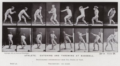 動きのある人間像。野球のキャッチボールをするアスリート（モノクロ写真 作： Eadweard Muybridge