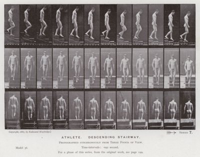 動きのある人間像階段を降りるアスリート（モノクロ写真 作： Eadweard Muybridge