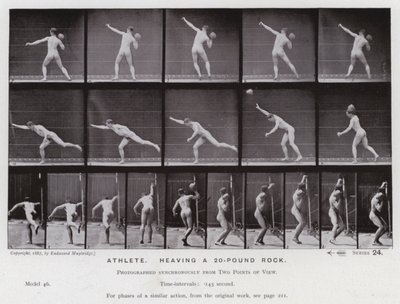 動いている人間の姿。20ポンドの石を持ち上げるアスリート（モノクロ写真 作： Eadweard Muybridge