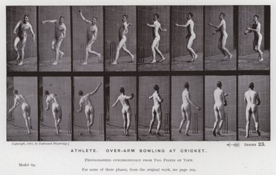 動きのある人間像アスリート、クリケットでのオーバーアーム・ボウリング（モノクロ写真 作： Eadweard Muybridge