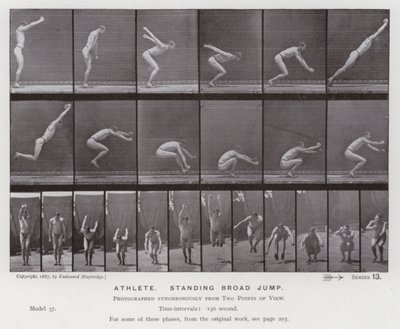 動きのある人間像アスリート、立ち幅跳び（モノクロ写真 作： Eadweard Muybridge