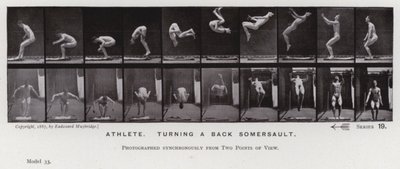 動きのある人間像。バック宙をするアスリート（モノクロ写真 作： Eadweard Muybridge