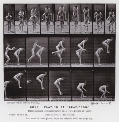 動く人間の姿。Leap-Frog」で遊ぶ少年たち（モノクロ写真 作： Eadweard Muybridge