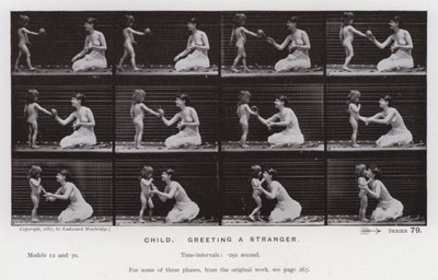 動く人間の姿。見知らぬ人に挨拶する子供（モノクロ写真 作： Eadweard Muybridge