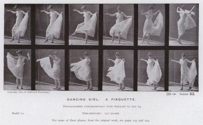 動きのある人間像。ダンシングガール、ピルエット（モノクロ写真 作： Eadweard Muybridge