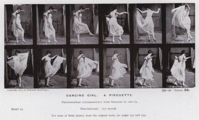 動きのある人間像。ダンシングガール、ピルエット（モノクロ写真 作： Eadweard Muybridge