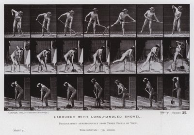 動く人間の姿。長柄のシャベルを持つ労働者（モノクロ写真 作： Eadweard Muybridge
