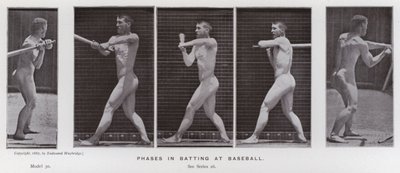 動きのある人間像。野球のバッティングの段階（モノクロ写真 作： Eadweard Muybridge