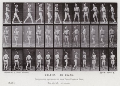 動く人間の姿。兵士、警備員（モノクロ写真 作： Eadweard Muybridge