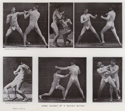 動きのある人間像。ボクシングの試合の様子（モノクロ写真 作： Eadweard Muybridge