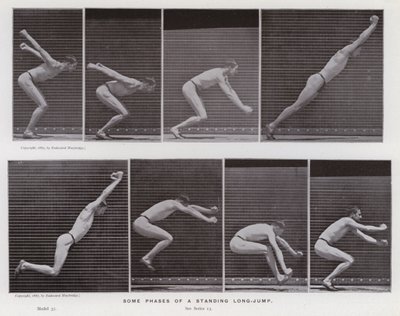 動きの中の人間像。立ち幅跳びのいくつかの局面（モノクロ写真 作： Eadweard Muybridge