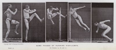 動きのある人間像。ハイジャンプを行う際のいくつかの段階（モノクロ写真 作： Eadweard Muybridge