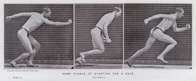 動く人間の姿。レーススタート時のいくつかの局面（モノクロ写真 作： Eadweard Muybridge