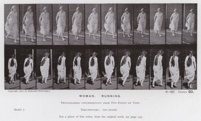 動いている人間の姿。女性、走る（モノクロ写真 作： Eadweard Muybridge