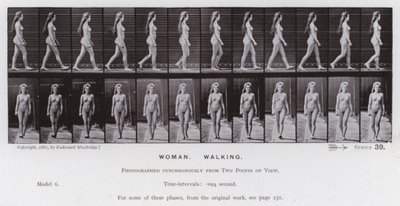 動く人間の姿。歩く女性（モノクロ写真 作： Eadweard Muybridge
