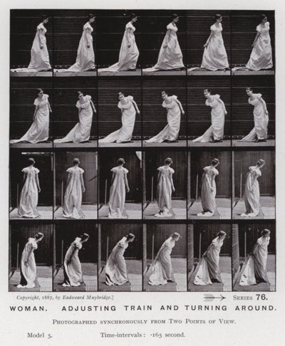 動く人間の姿。電車を調整して振り向く女性（モノクロ写真 作： Eadweard Muybridge