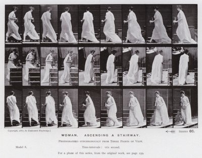動きのある人間像階段を上る女性（モノクロ写真 作： Eadweard Muybridge