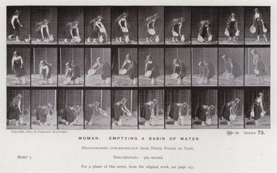 動く人間の姿。洗面器の水を空にする女性（モノクロ写真 作： Eadweard Muybridge