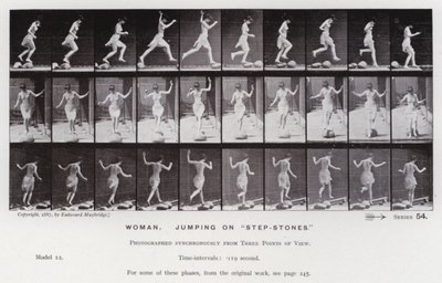 動く人間の姿。踏み台昇降でジャンプする女性（モノクロ写真 作： Eadweard Muybridge