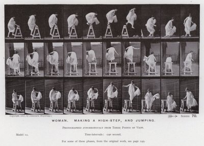 動きのある人間の姿。女性、ハイステップを踏む、ジャンプする（モノクロ写真 作： Eadweard Muybridge